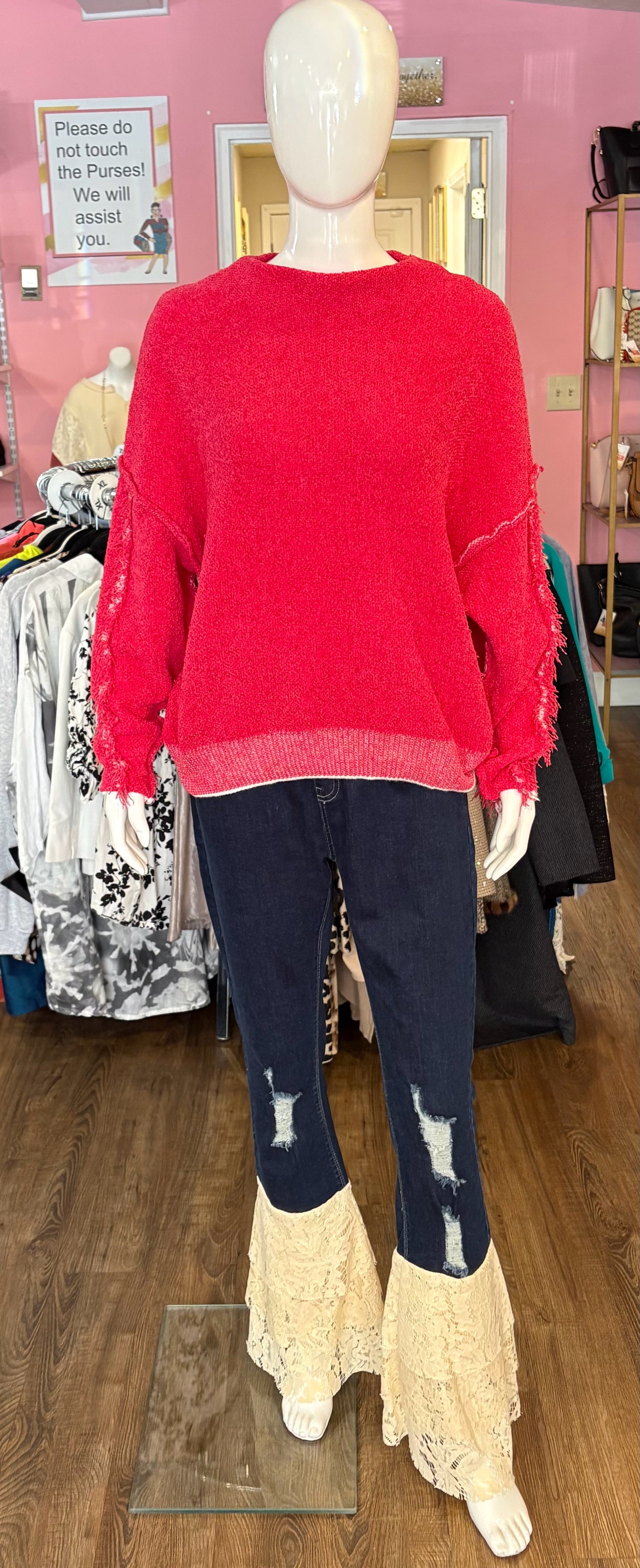 NWOT Zenana Hot Pink & White Sweater Size: L/XL