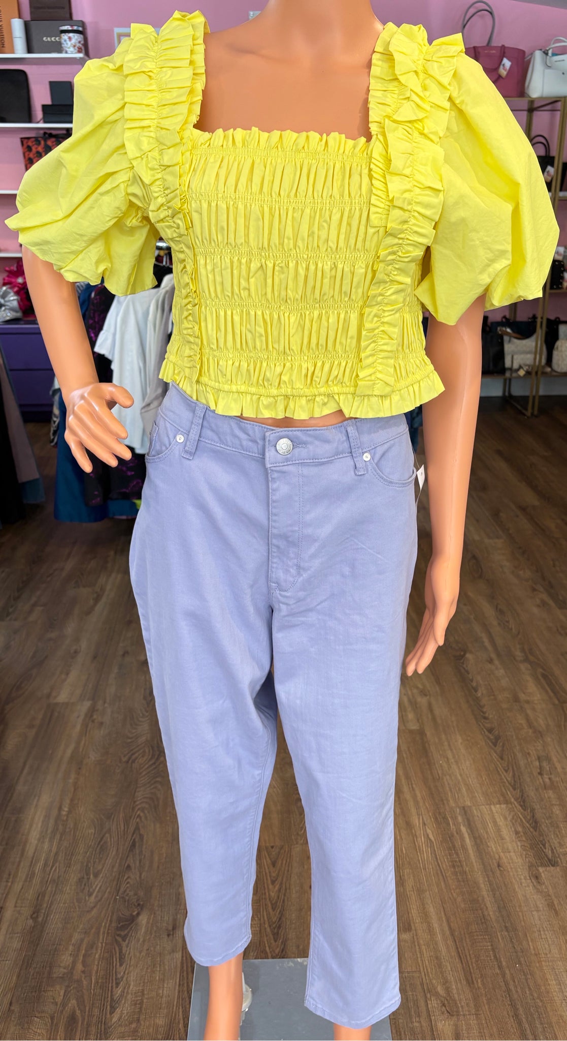 endless rose Women's Yellow Smocked Puff Sleeve Top Blouse Size Medium