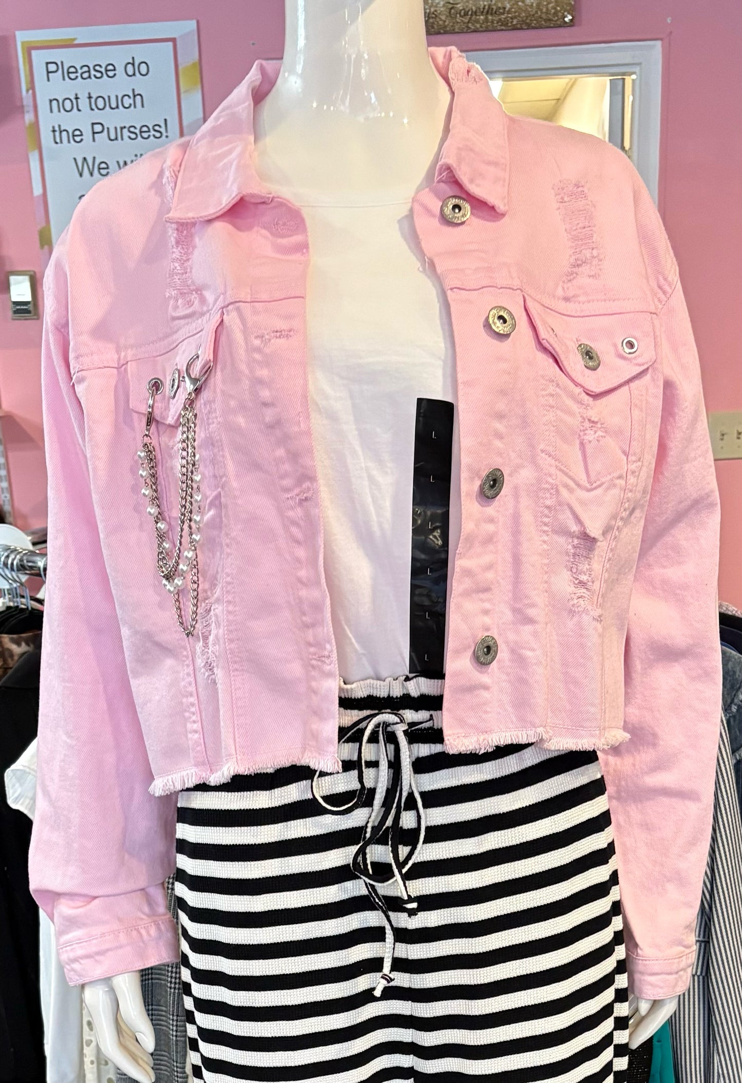 NWT Spoon Jeans Pink Denim Jacket with Pearl Detailing Sz:XL