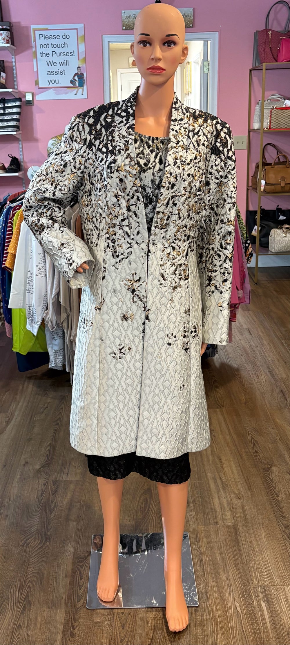 St. John Collection Metallic Pixelated Jacquard Topper Jacket & Dress Set Sz:14