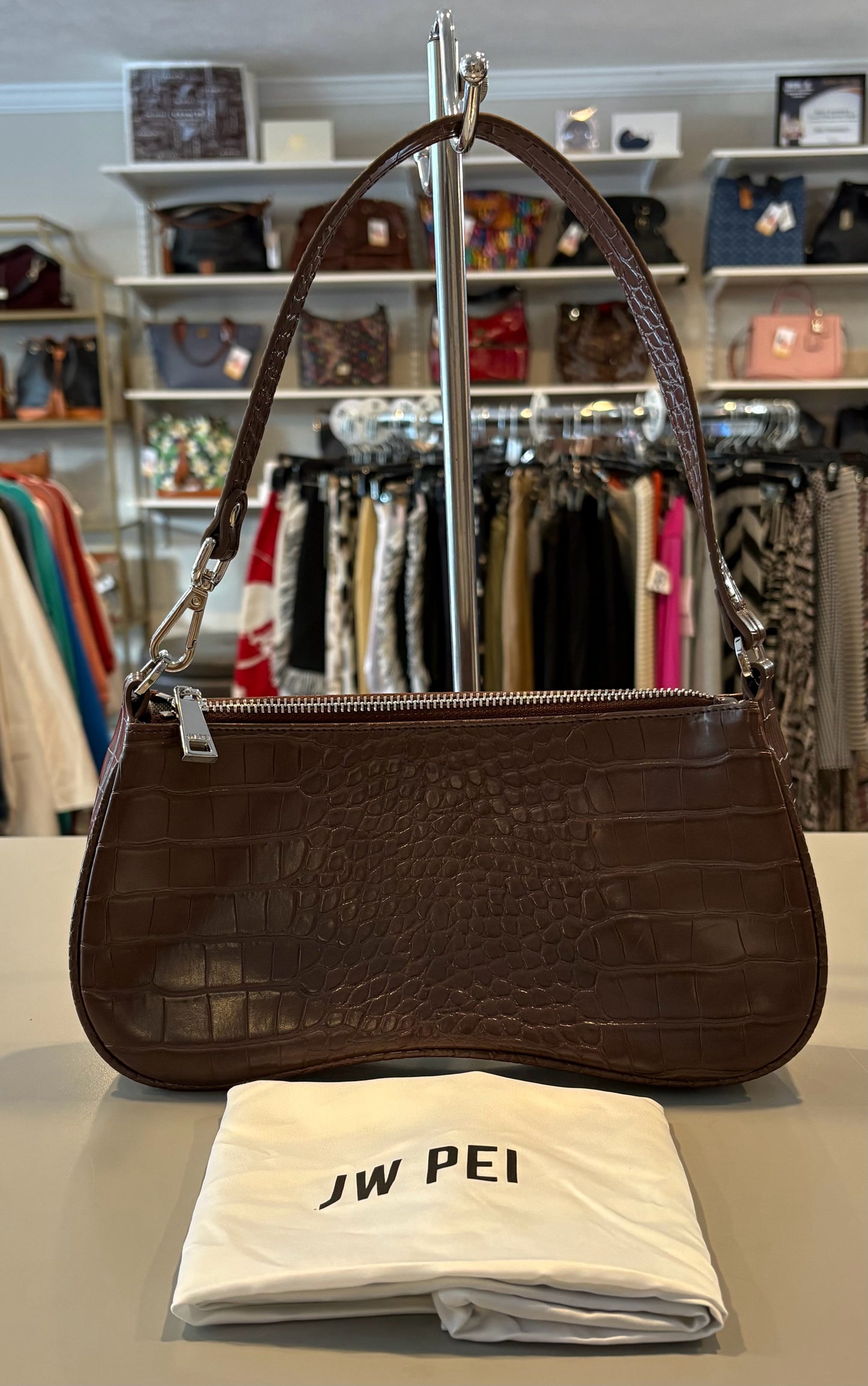 JW PEI Eva Brown Croc-Embossed Vegan Leather Shoulder Bag