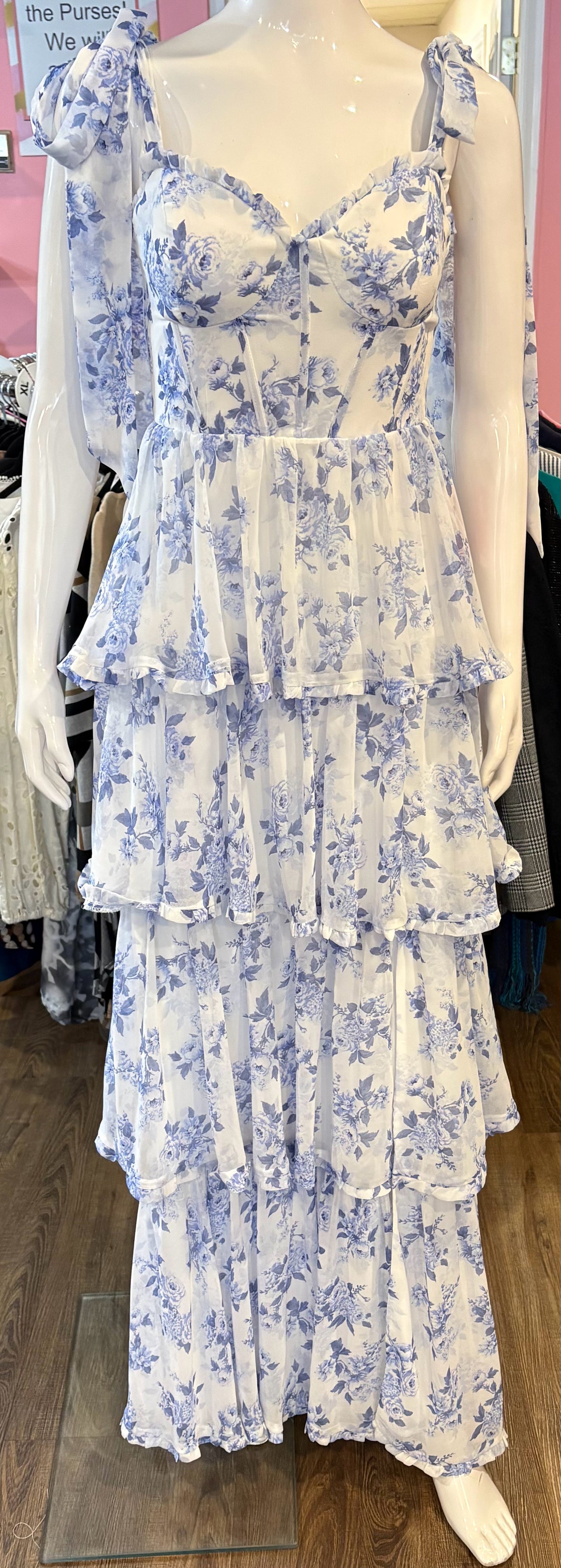 NWT B.Darlin White & Blue Floral Tie Shoulder Corseted Tiered Ruffle Dress Sz:6