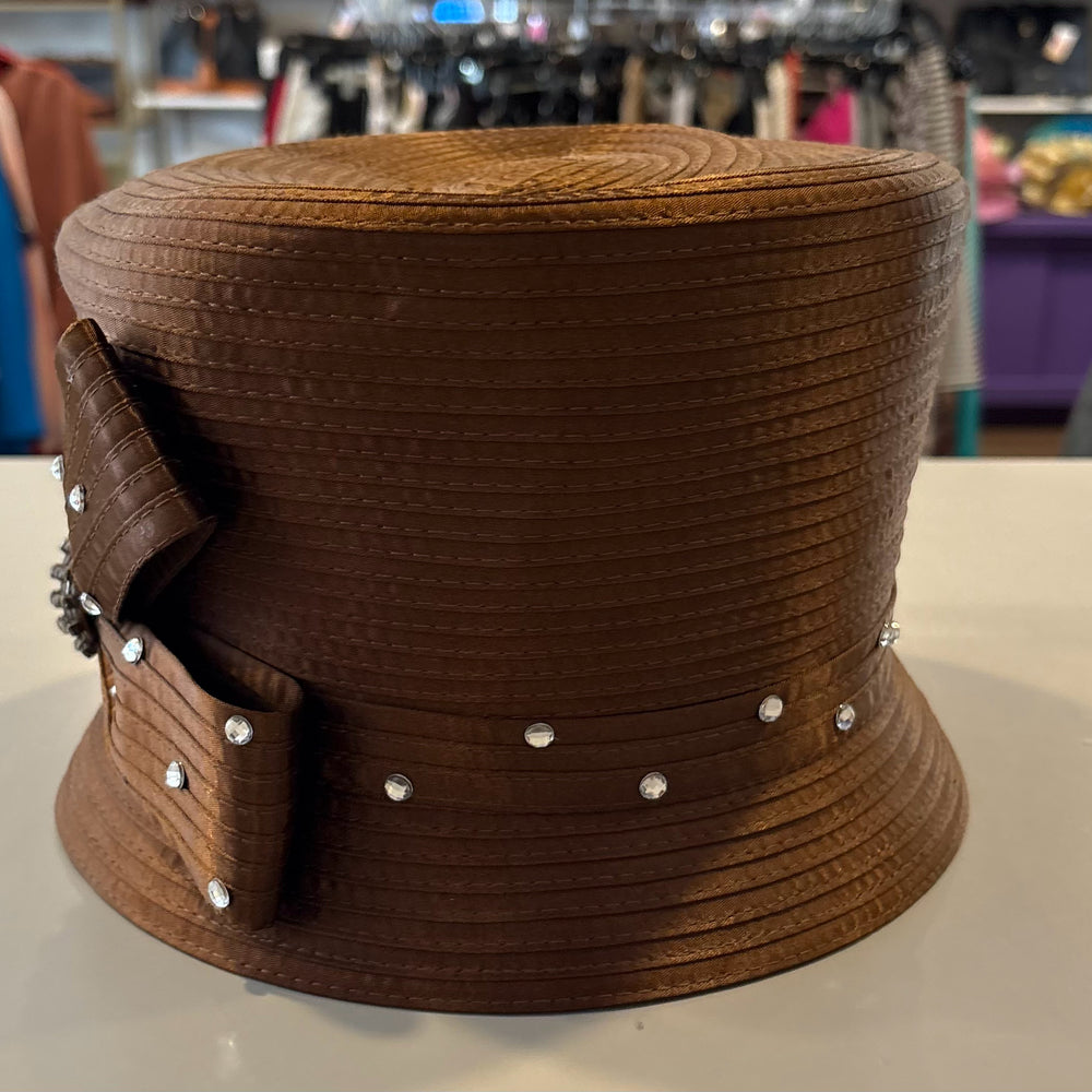 Swan Hat Brown Church Hat with Bow + Rhinestone Detailing