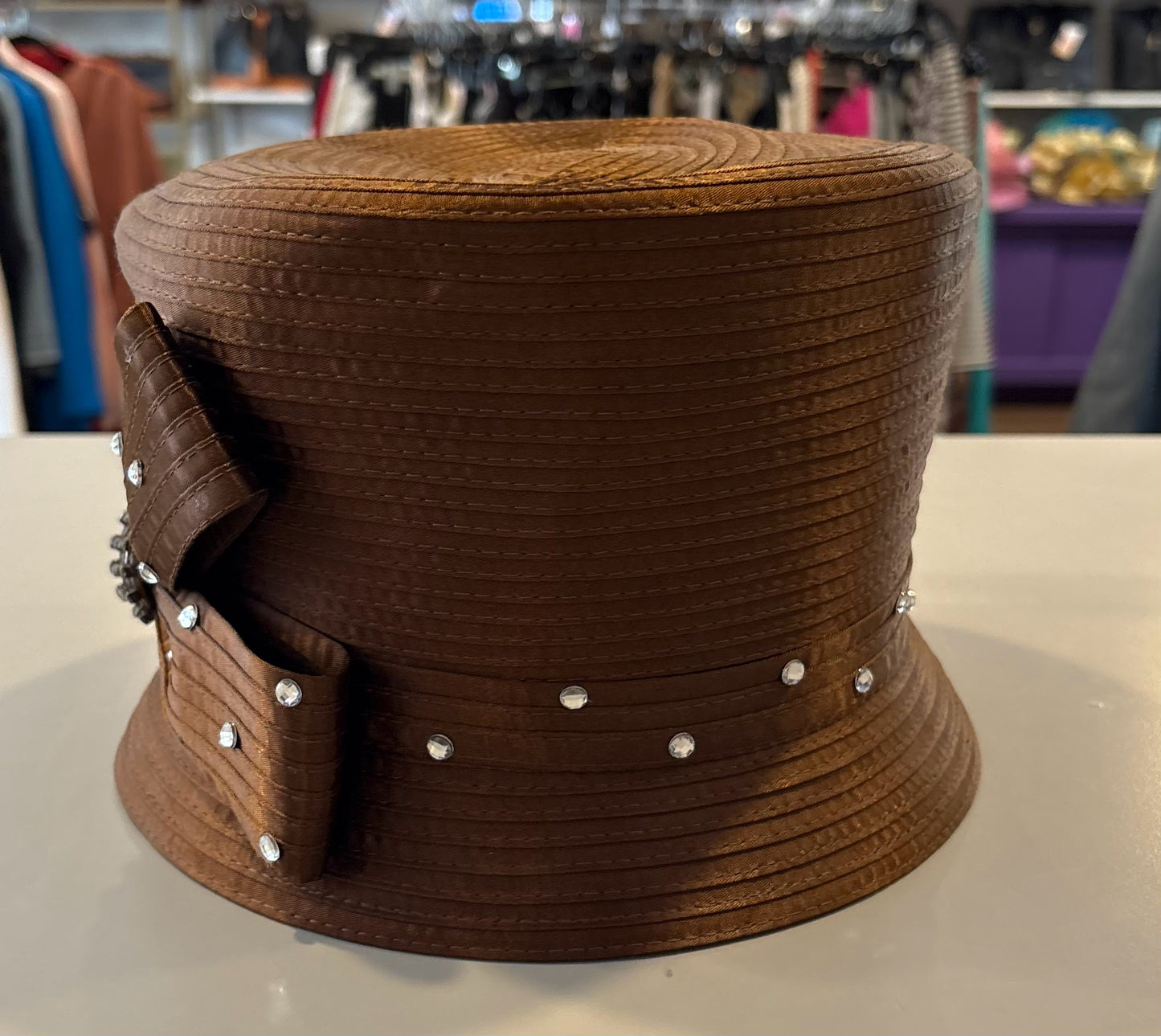 Swan Hat Brown Church Hat with Bow + Rhinestone Detailing