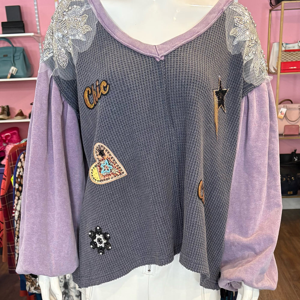 Pol Embelleshed Decal Purple Oversized Sweater Top Size:M
