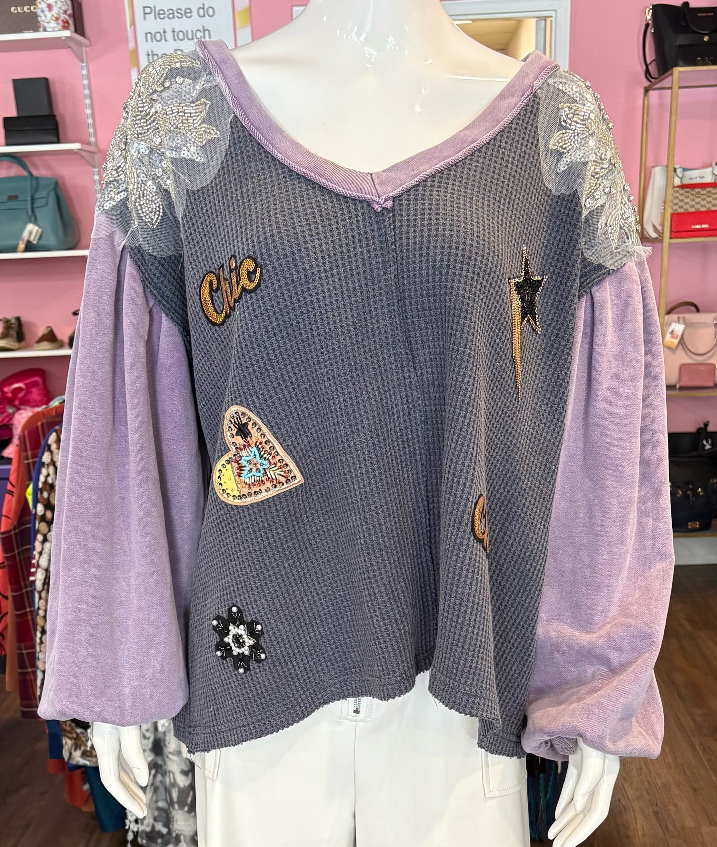 Pol Embelleshed Decal Purple Oversized Sweater Top Size:M