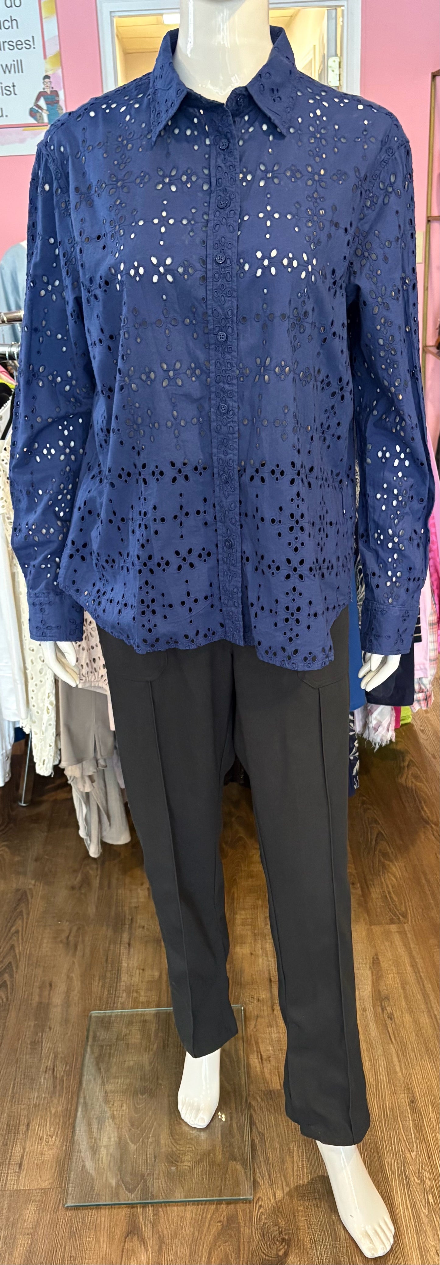 NWOT Lauren Ralph Lauren Navy Eyelet Button Up Cotton Top Sz: PLarge