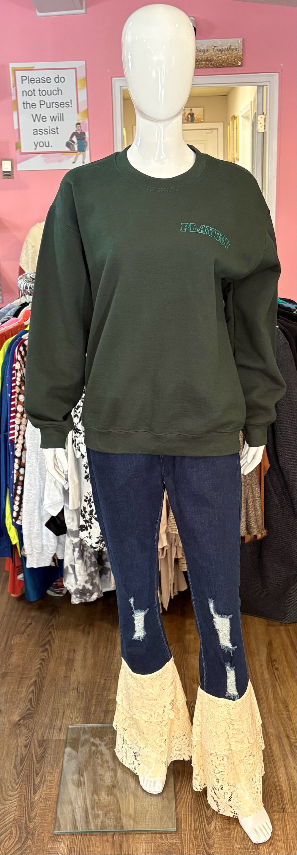 PLAYBOY Dark Green Sweatshirt Size: M