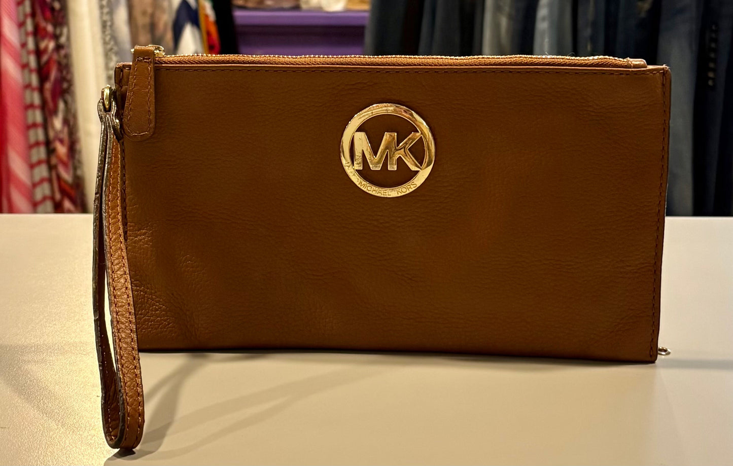 Michael Kors Fulton Large Brown Pebble Leather Wrislet Wallet