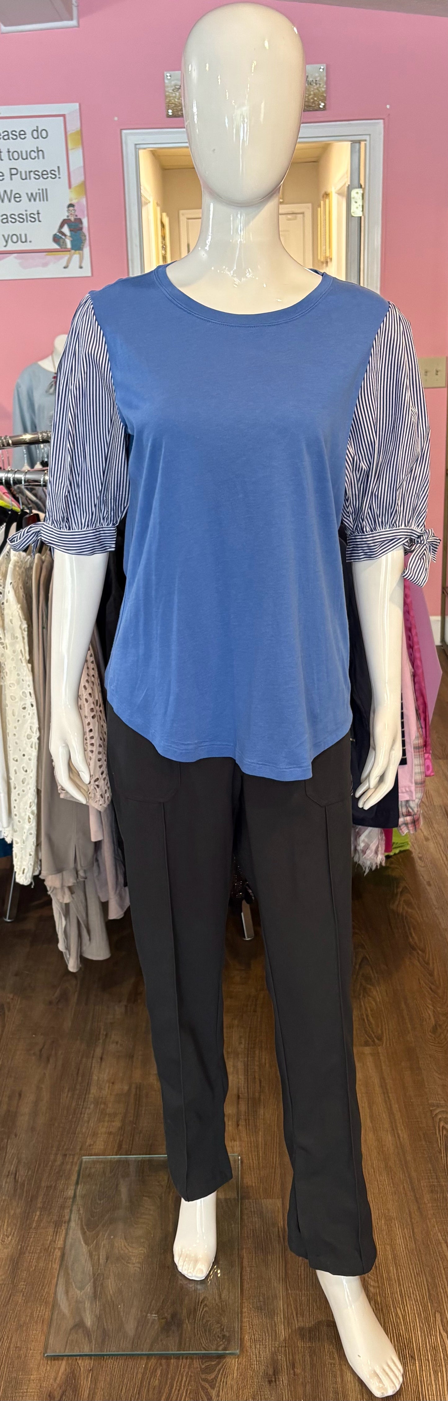 Lauren Ralph Lauren Blue & White Jersey Puff-Sleeve Tee Blouse Sz:L