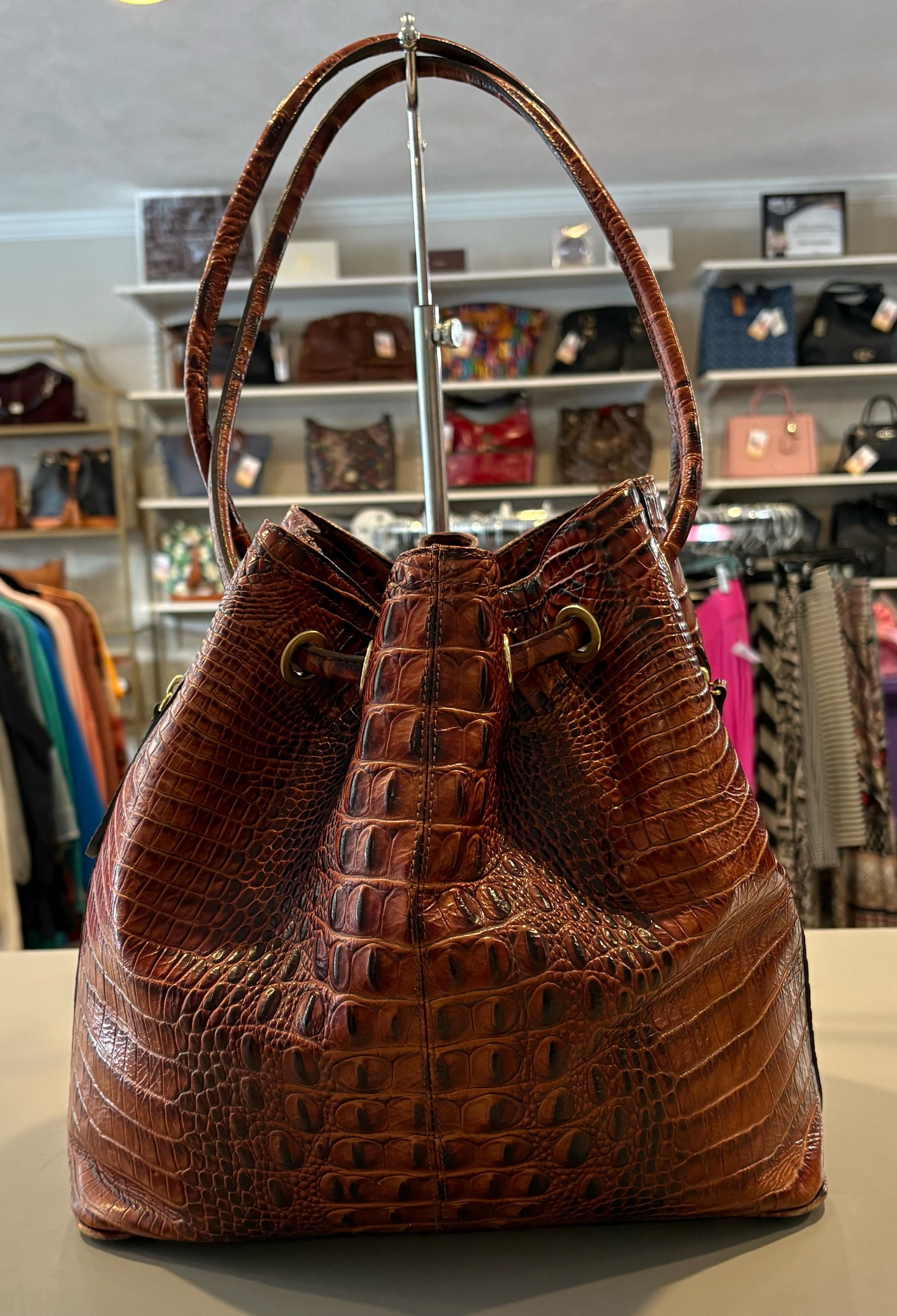 RARE Brahmin Trina Drawstring Embossed Handbag in Pecan Melbourne
