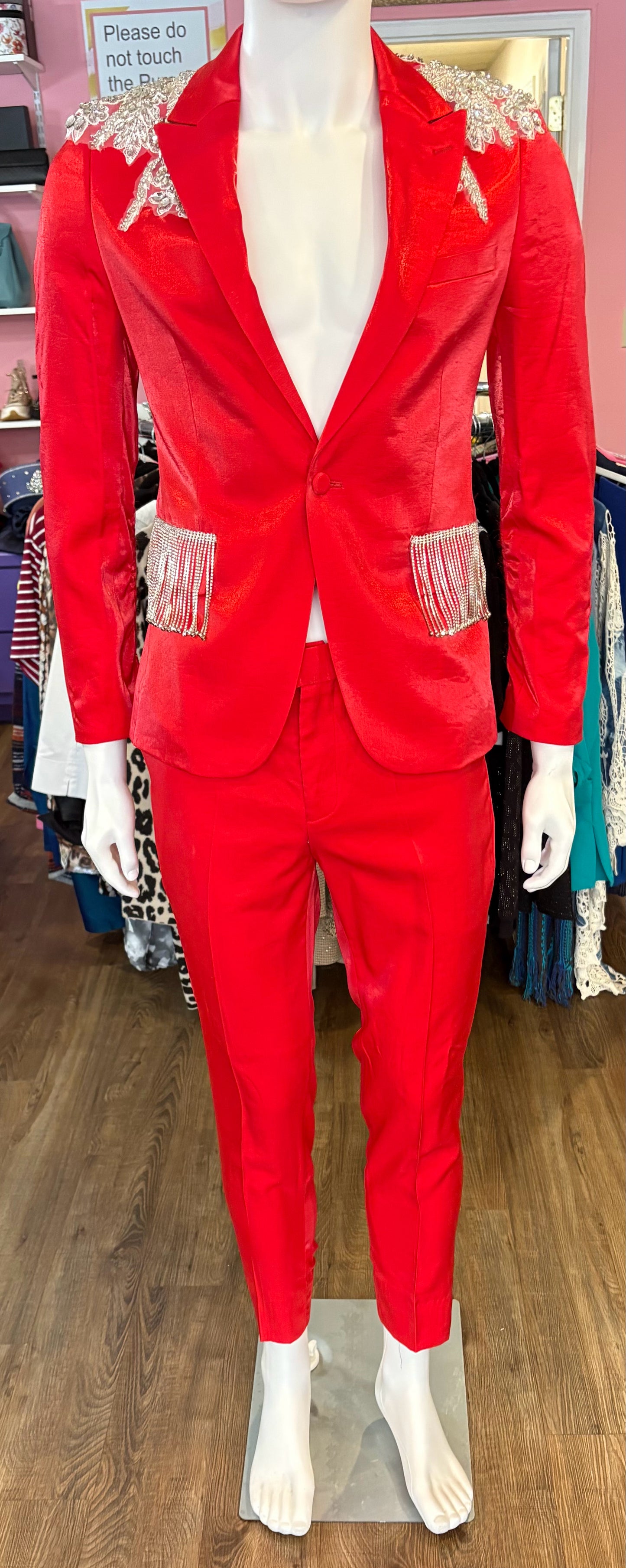 Rossiman Red 2 Piece Slim Fit Suit with Rhinestone Embellishments Sz: S
