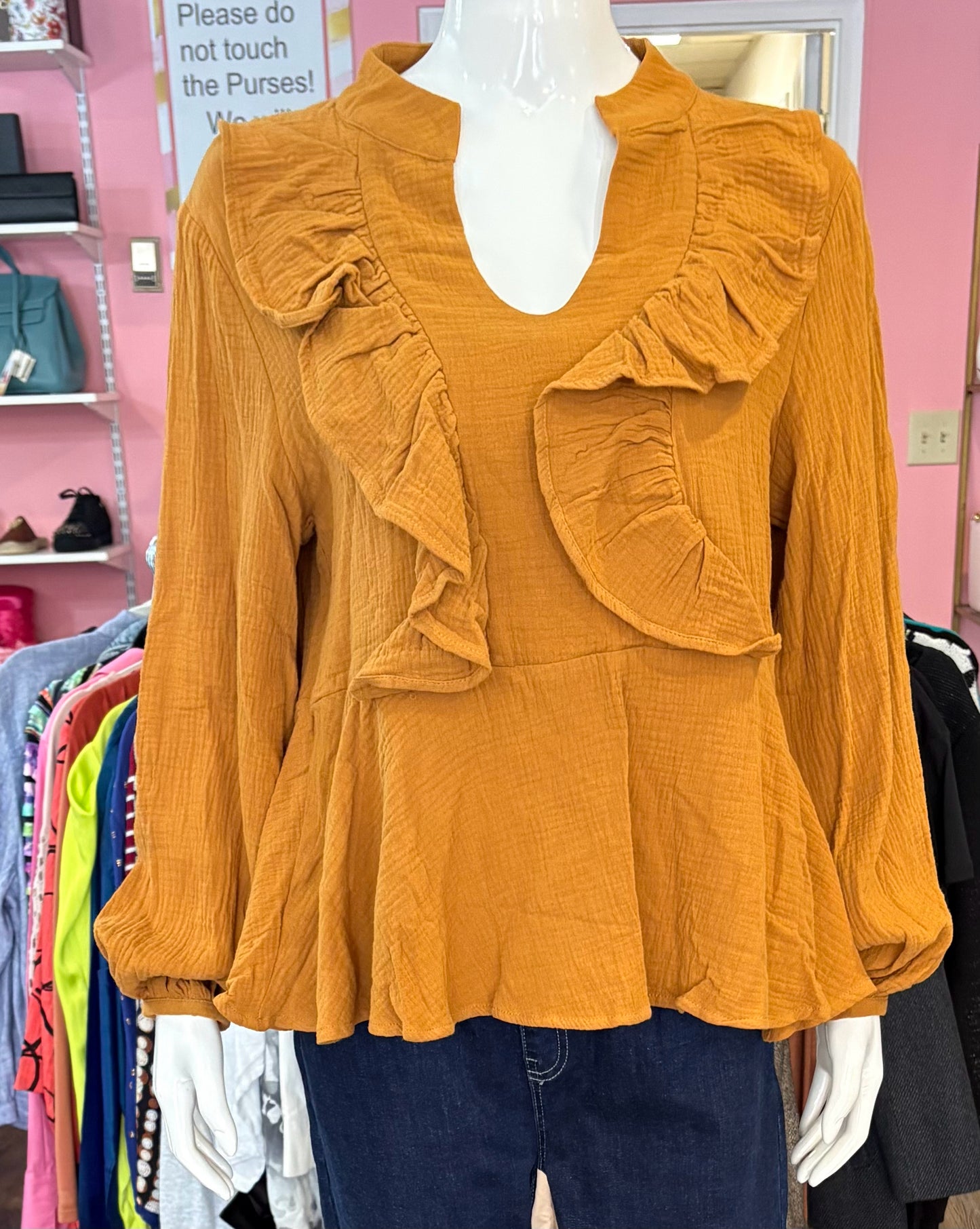 NWT AndTheWhy Ruffle Front Blouse in Camel Size: M