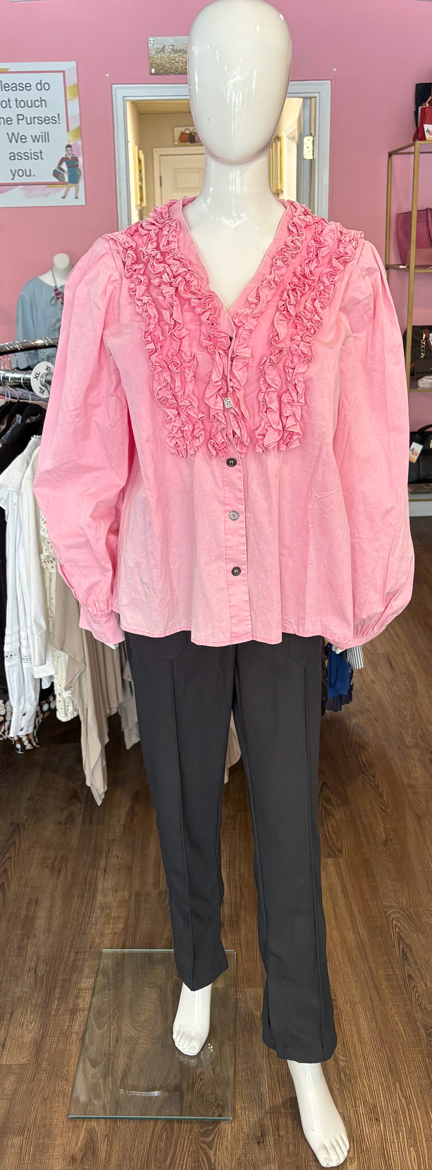 NWOT POL Pink Ruffled Button Down Cotton Top Sz:M