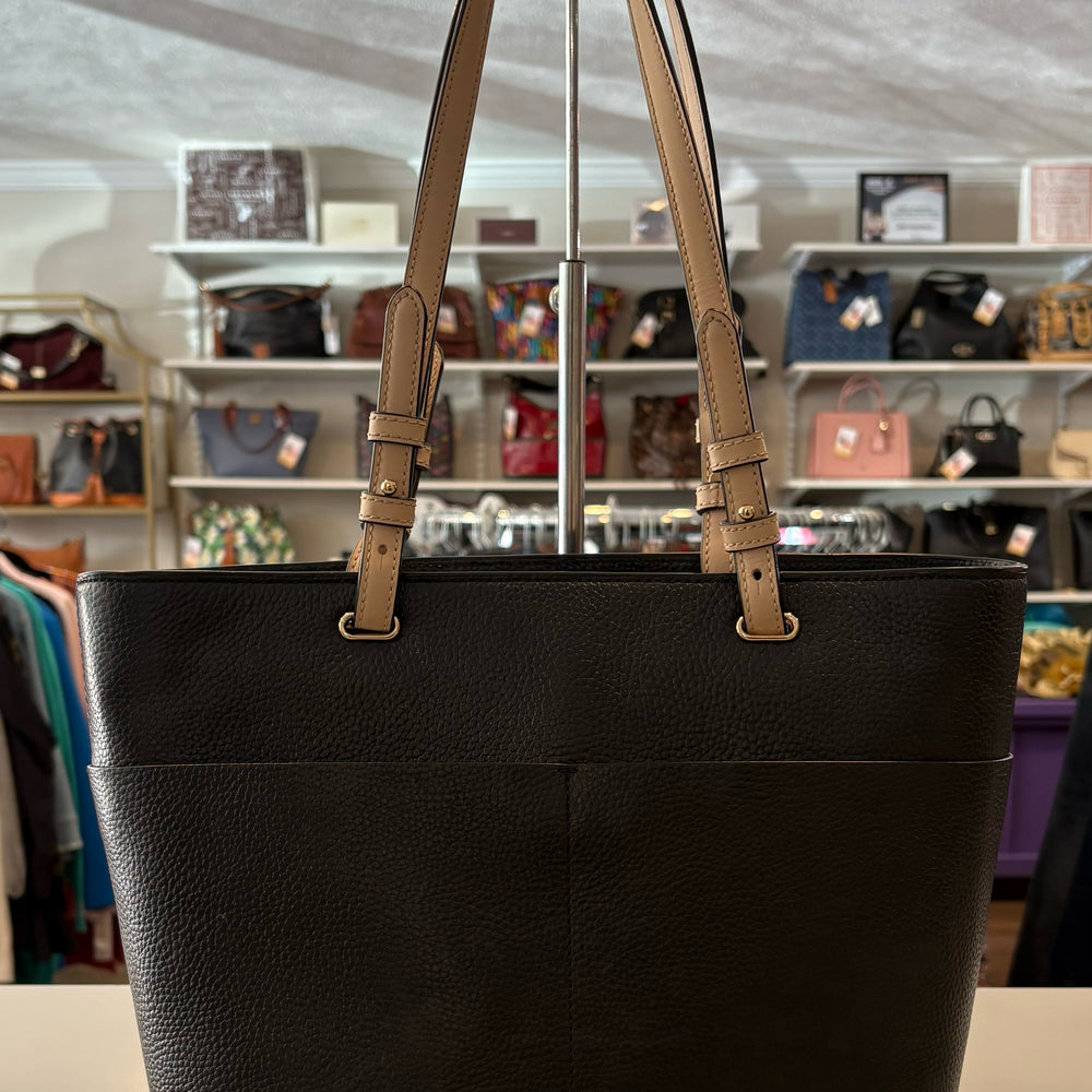 Michael Kors Bedford Black & Beige Medium Top Zip Pocket Tote
