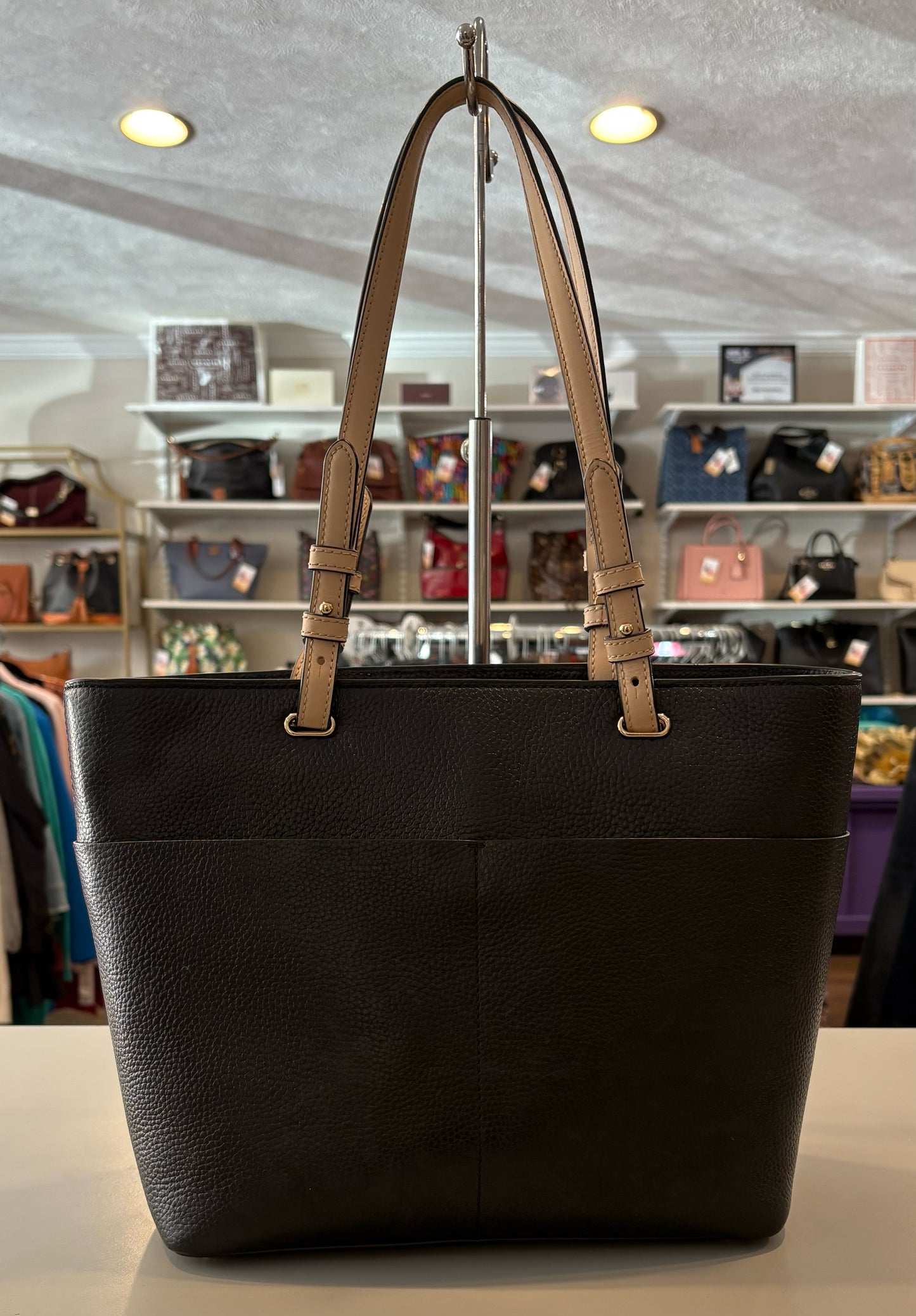 Michael Kors Bedford Black & Beige Medium Top Zip Pocket Tote