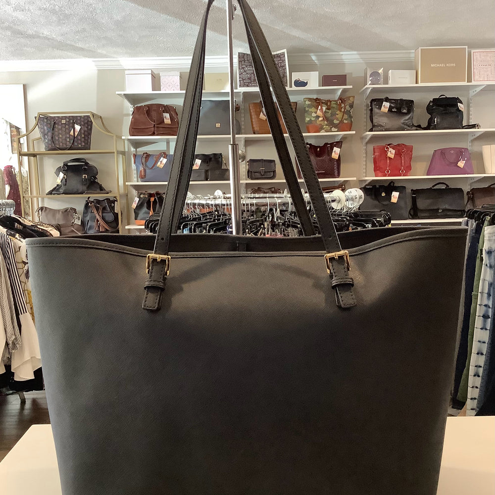 Michael Kors Jet Set Black Saffiano Leather Large Tote with Clip Closure