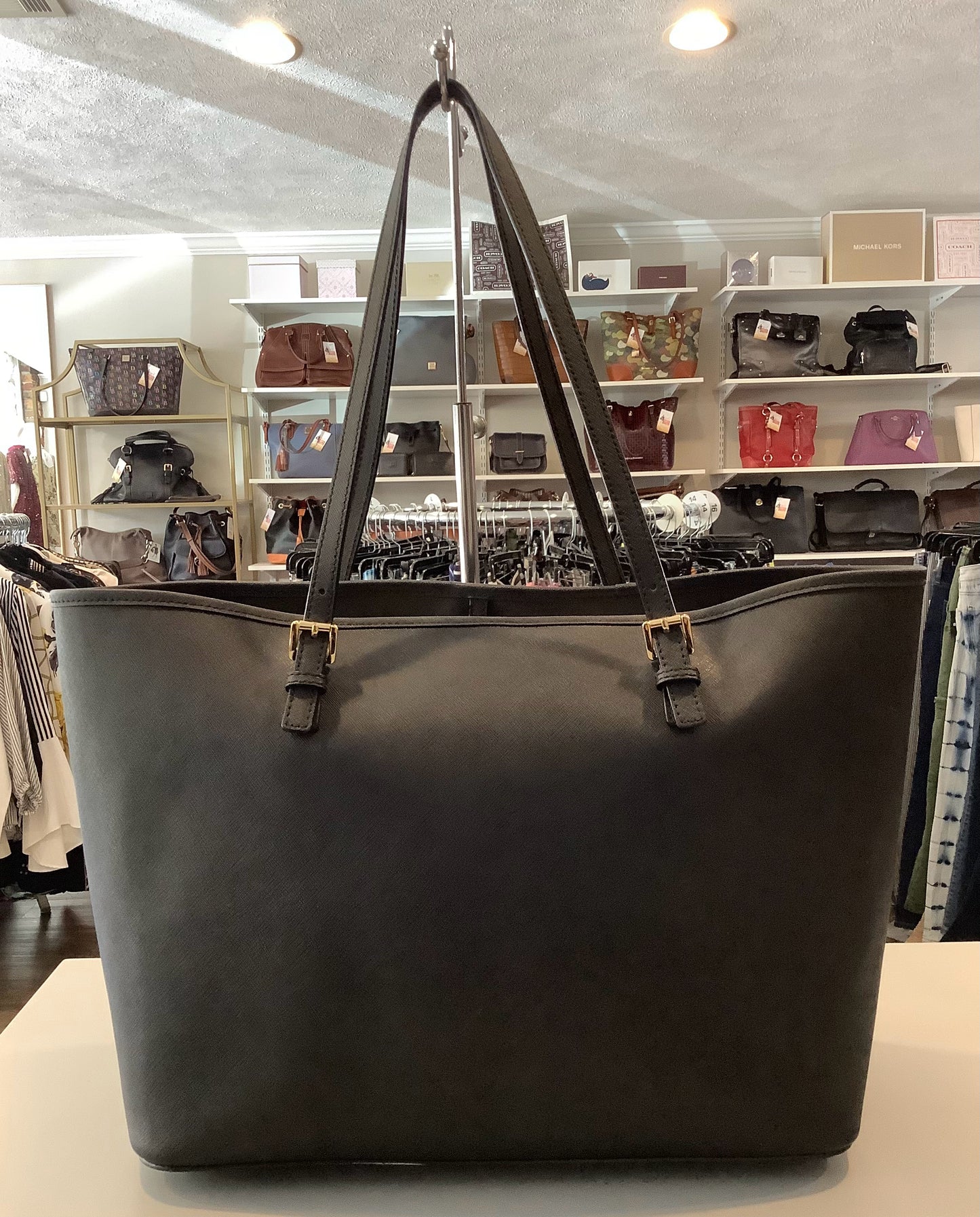 Michael Kors Jet Set Black Saffiano Leather Large Tote with Clip Closure