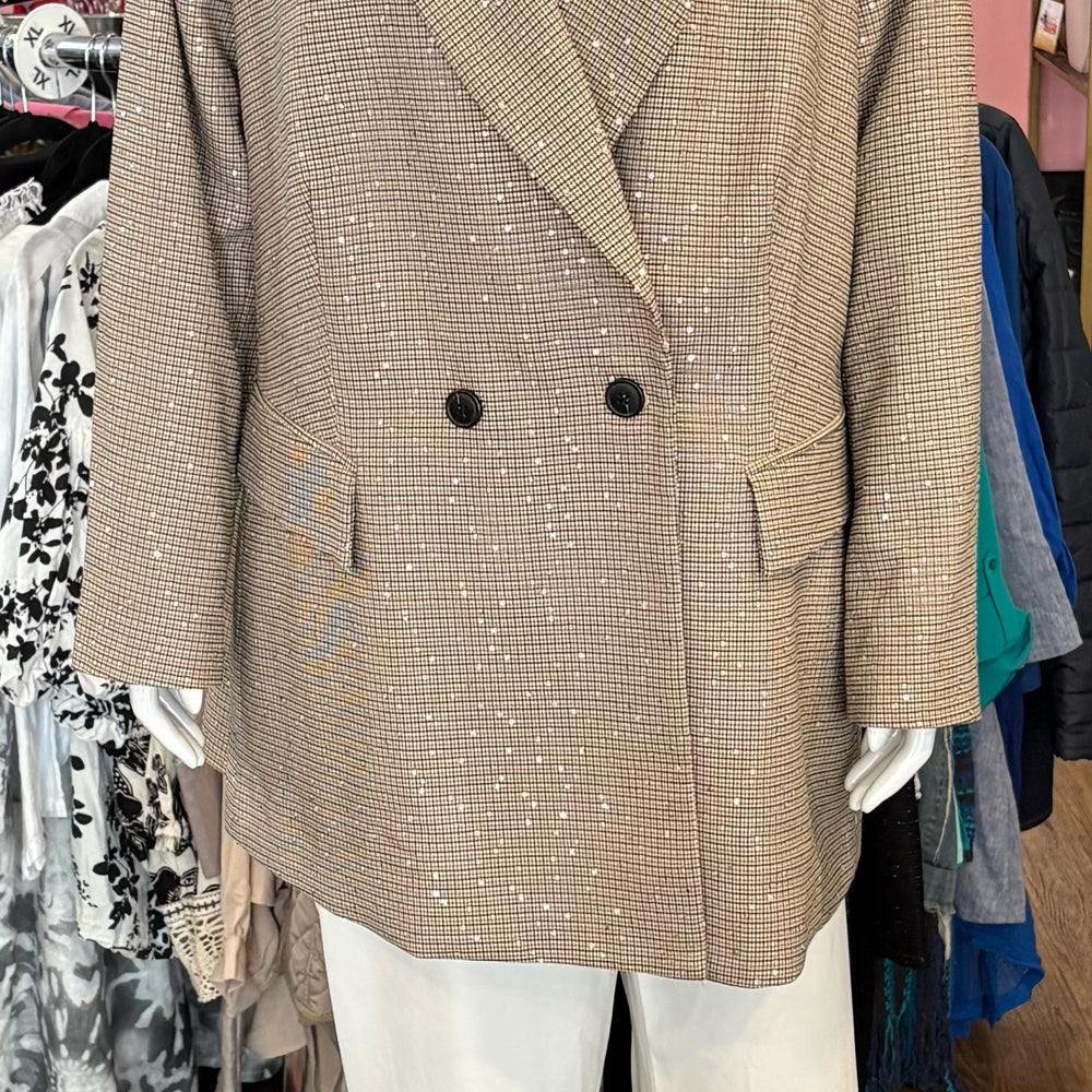 NWT On 34th Sequined Brown Plaid Double Breasted Blazer Size: 14W