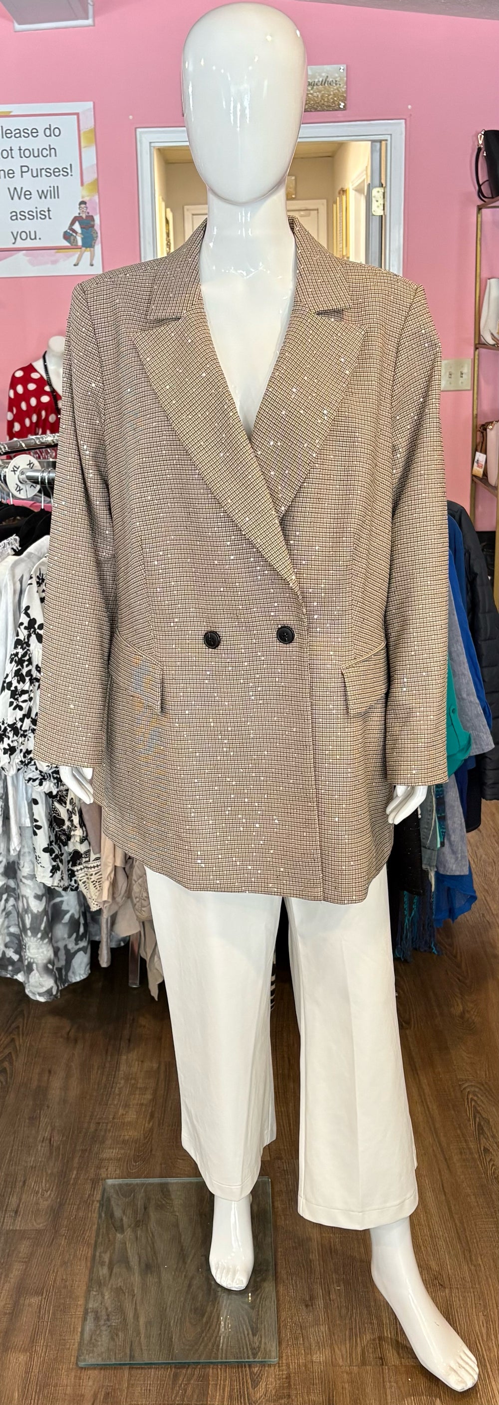 NWT On 34th Sequined Brown Plaid Double Breasted Blazer Size: 14W
