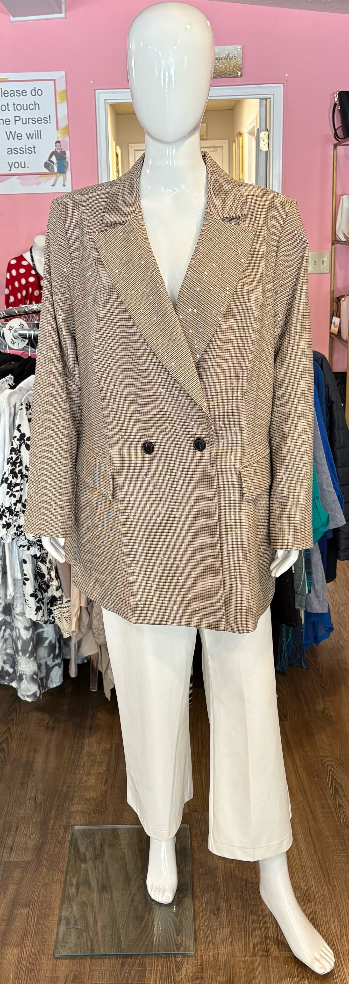 NWT On 34th Sequined Brown Plaid Double Breasted Blazer Size: 14W