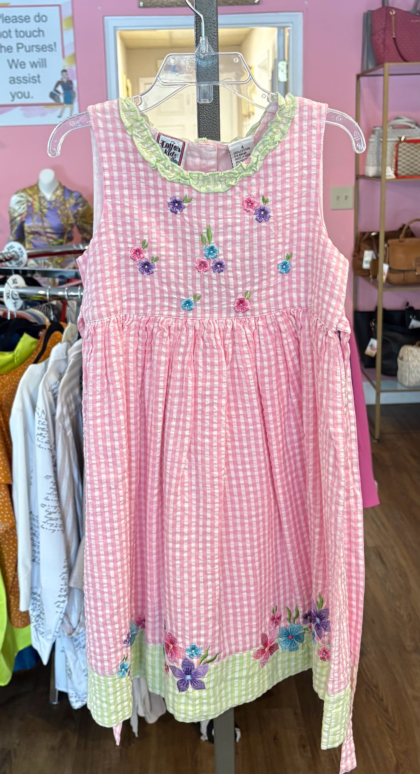 NWT Cotton Kids Pink Multi-Colored Checkered Sleeveless Dress Size:4