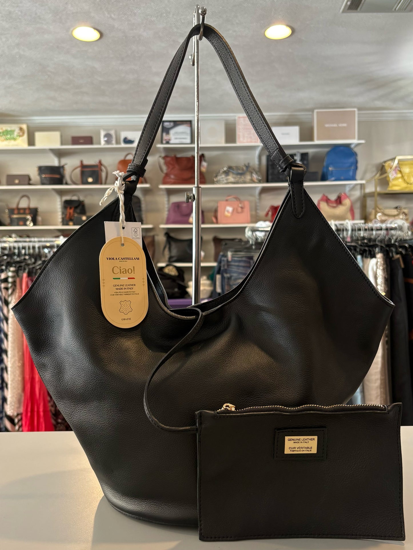 NWT Viola Castellani Black Genuine Leather Hobo Bag with Pouch