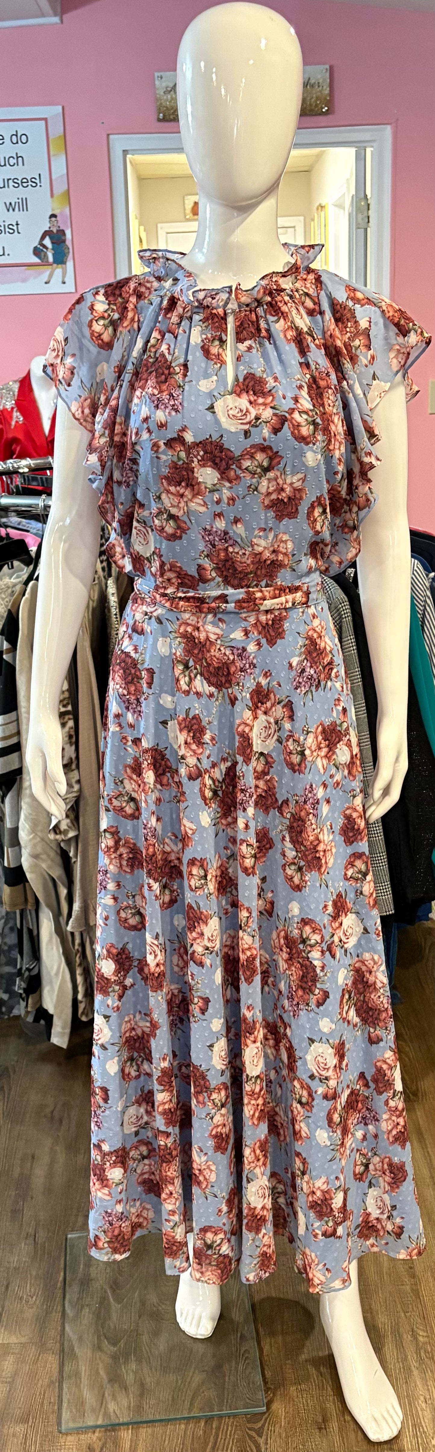 NWOT Tahari Garden Blue & Pink Floral Midi Dress Sz:10