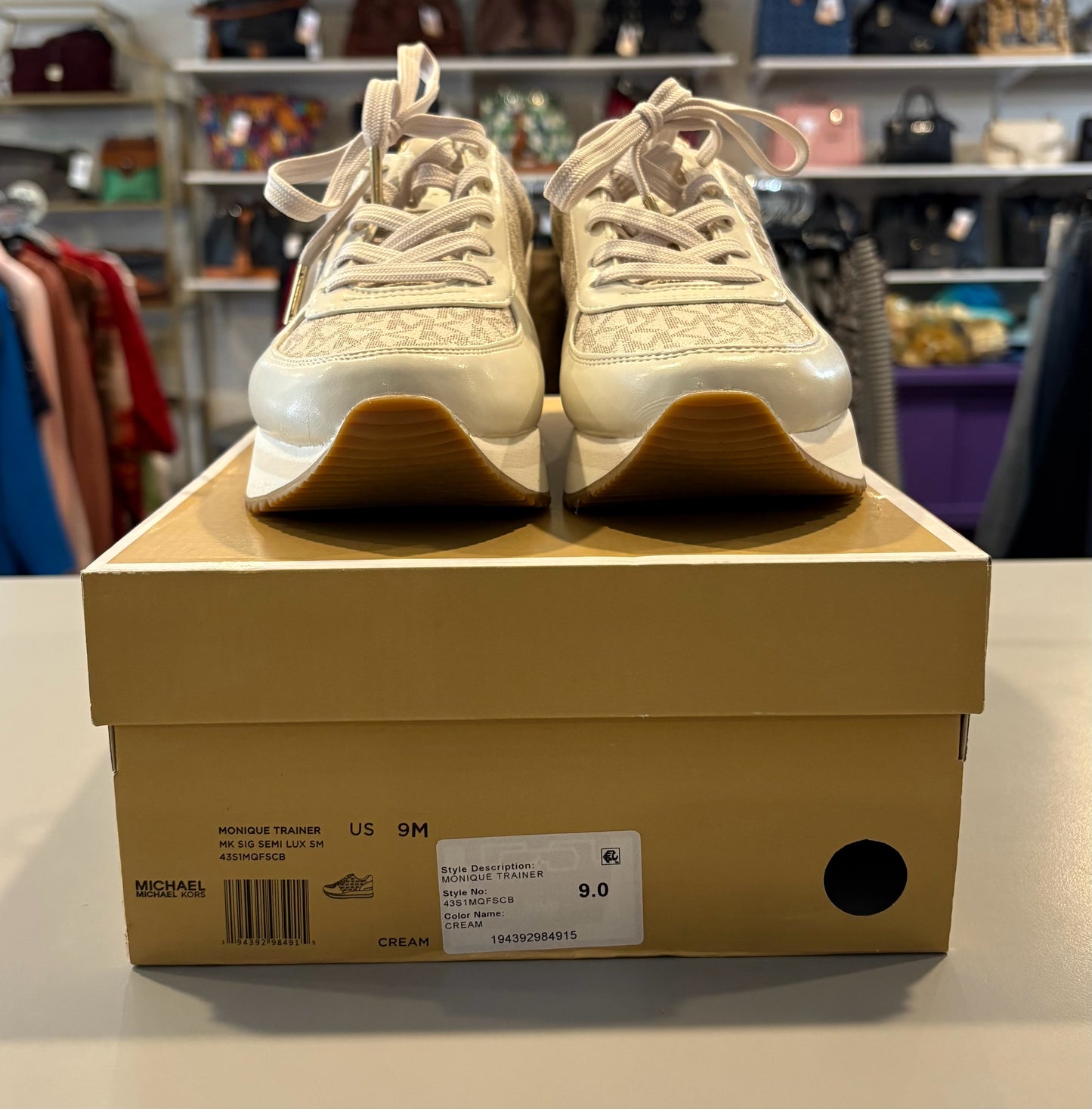 Michael Kors Monique Trainer Sig Semi Lux Sneakers in Cream Size:9