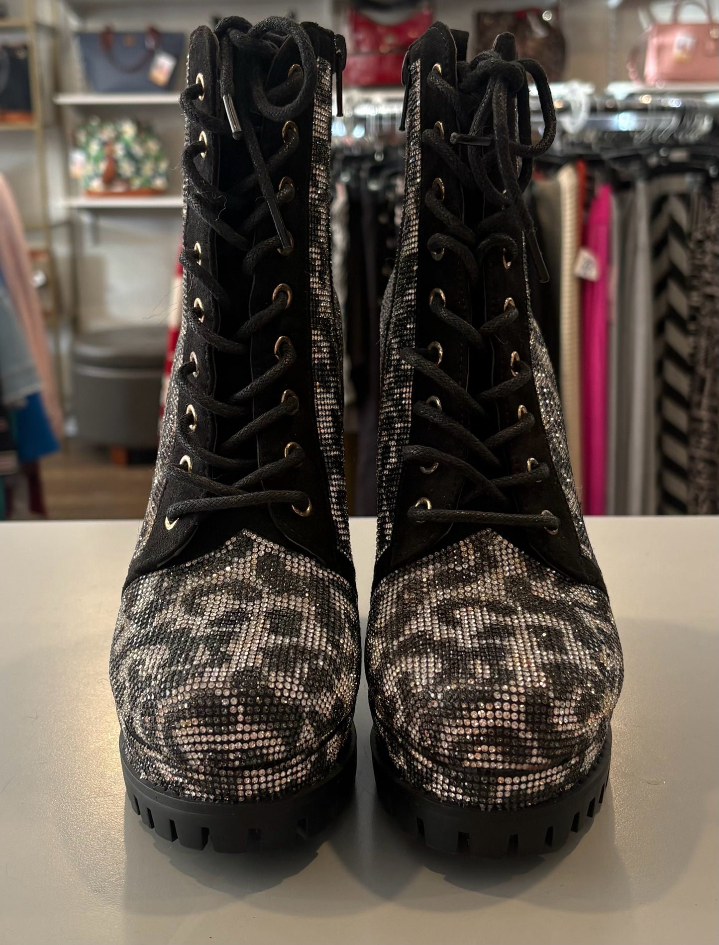 It's Fashion Cheetah Print Rhinestone Embellished Bootie Platform Heels Size:7M