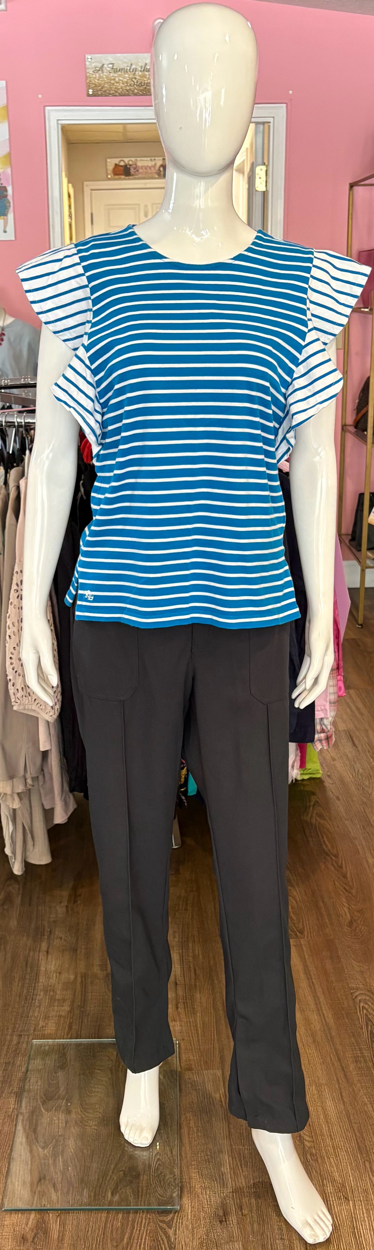NWOT Lauren Ralph Lauren Blue & White Jersey Flutter Sleeve Cotton Top Sz:L