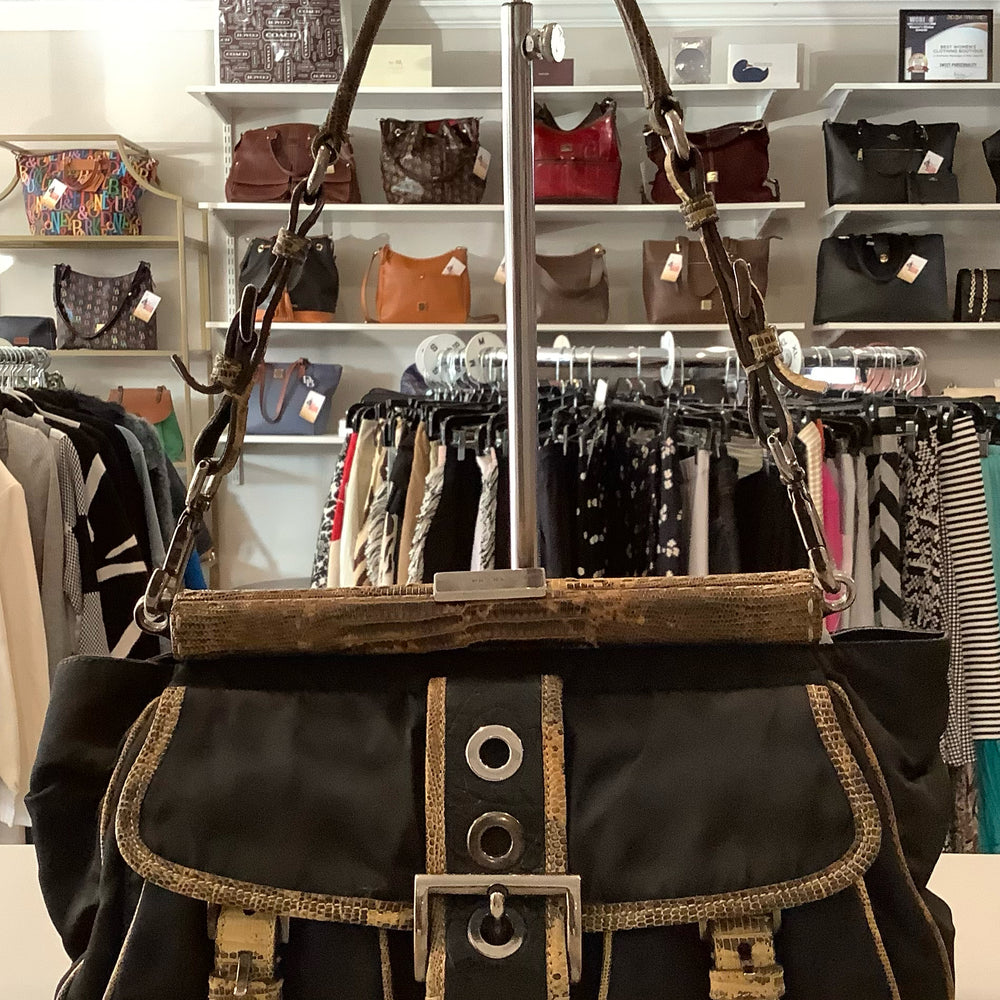 Vintage Prada Black Nylon Lizard Trim Pocket Frame Nero Bag BR2842
