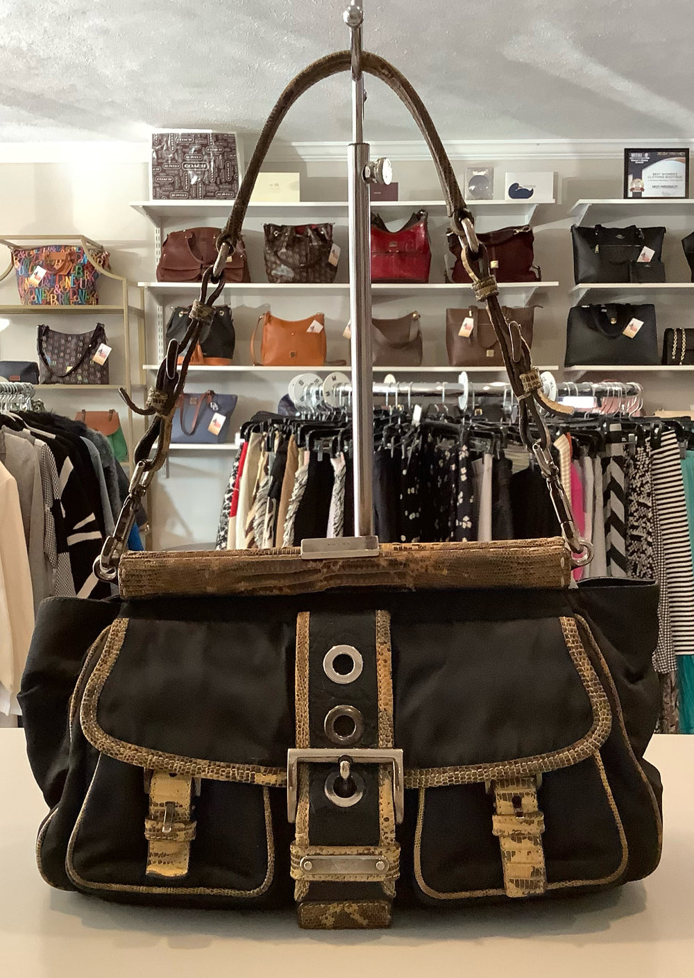 Vintage Prada Black Nylon Lizard Trim Pocket Frame Nero Bag BR2842