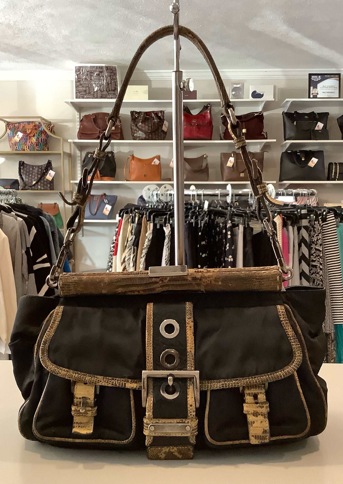 Vintage Prada Black Nylon Lizard Trim Pocket Frame Nero Bag BR2842