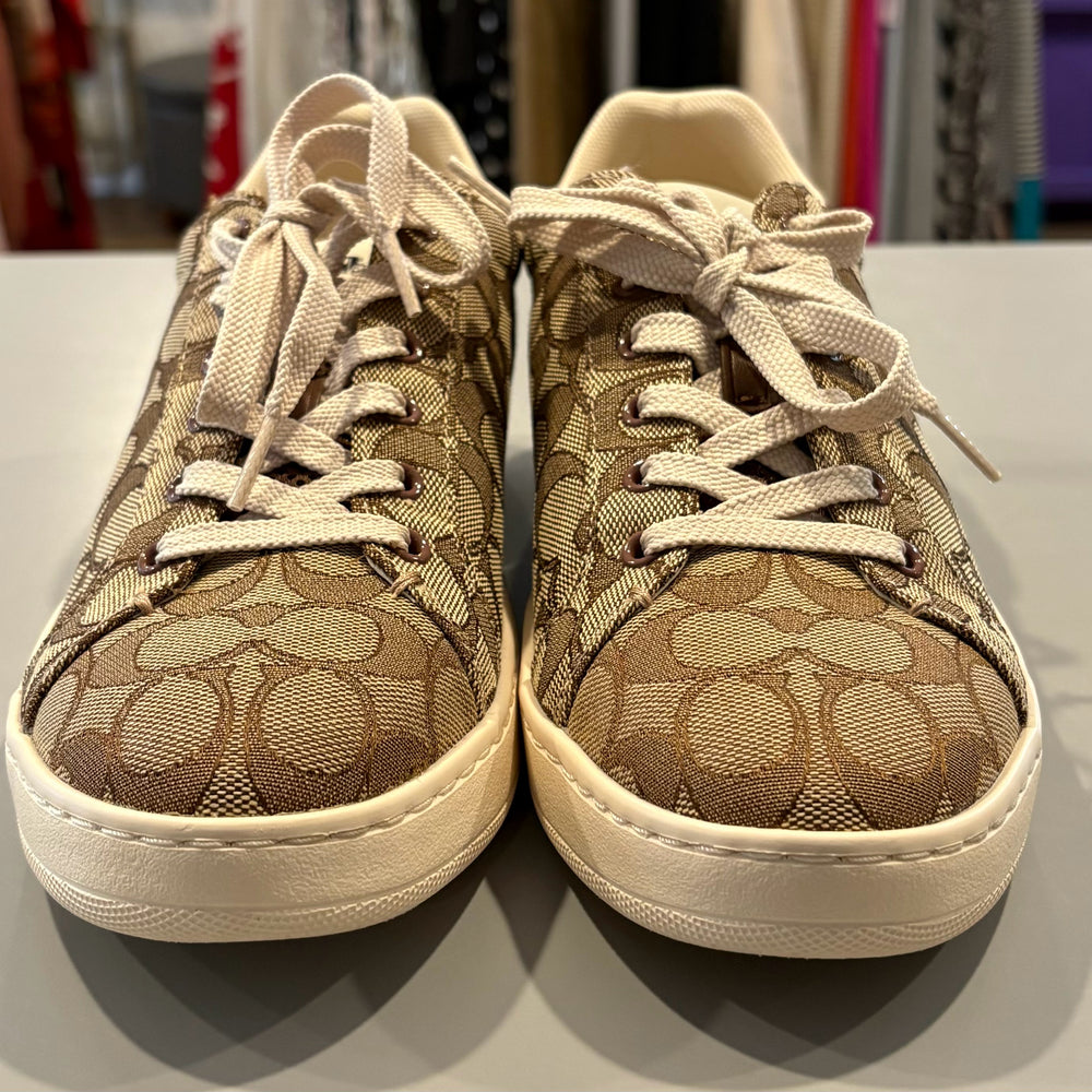 NWB RARE Coach Clip Signature Jacquard Lowtop Sneakers in Khaki & Saddle Sz:9B