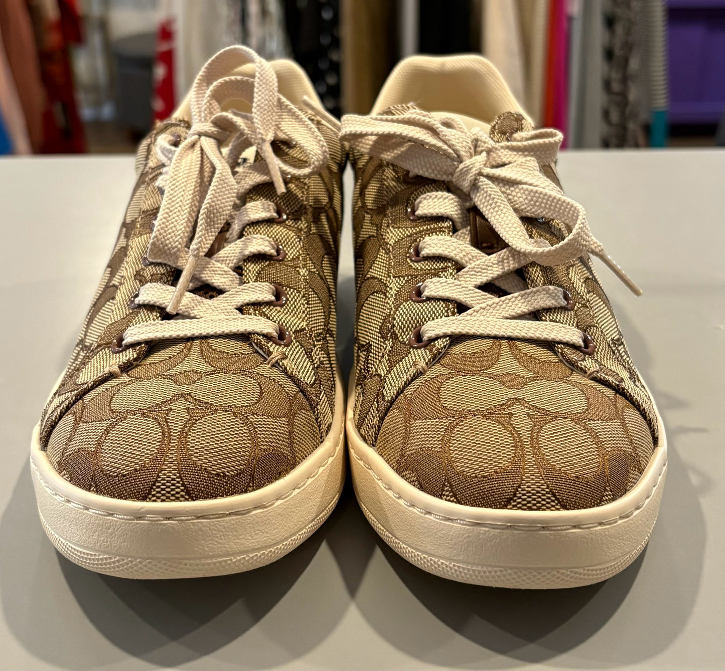 NWB RARE Coach Clip Signature Jacquard Lowtop Sneakers in Khaki & Saddle Sz:9B