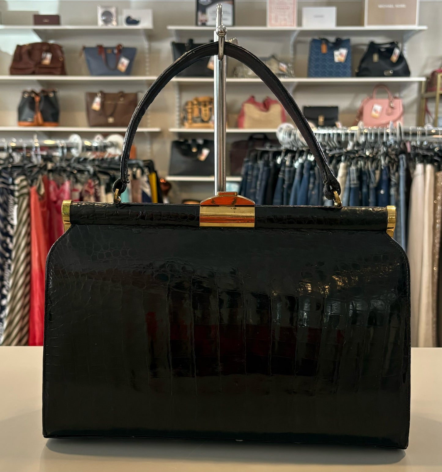 Lesco Vintage Black Genuine Alligator Leather Tote Bag