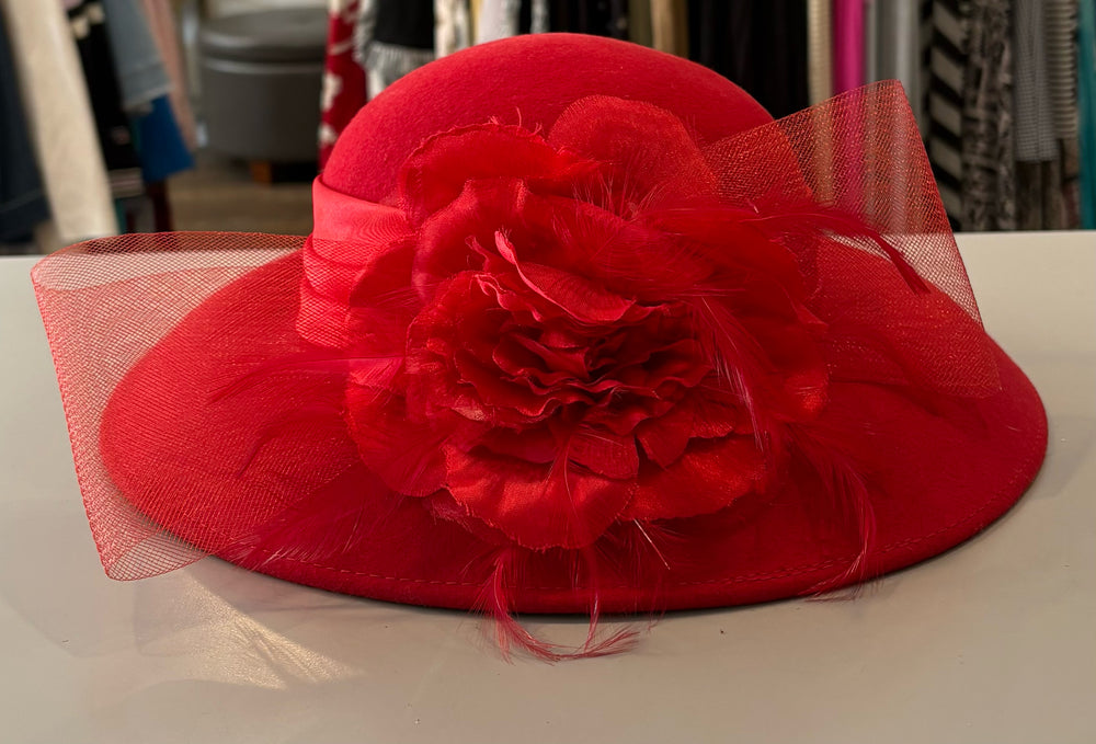 Red 100% Wool Dress Hat with Floral Bow Detailing