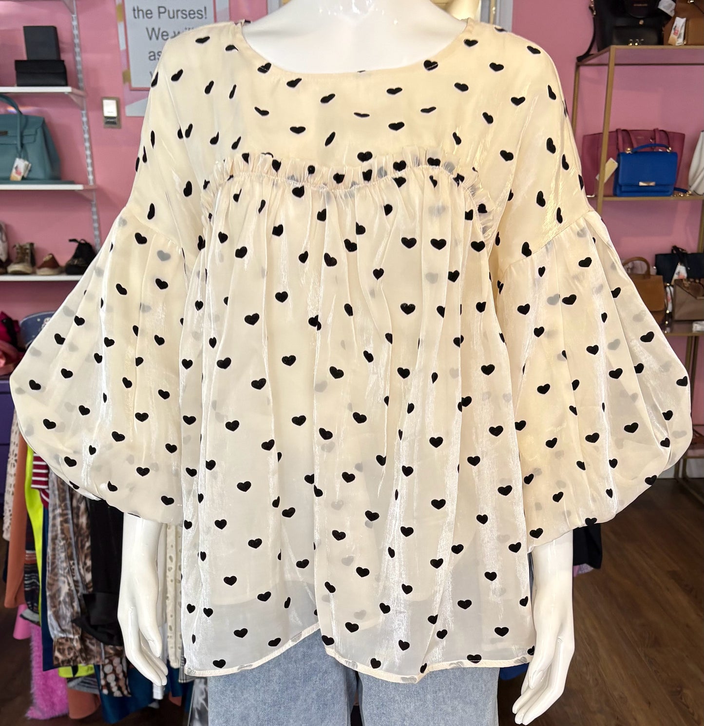 NWT Easel Cream & Black Blouse With Heart Detailing Size: L