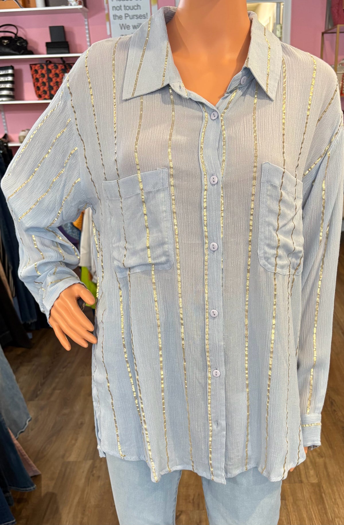 NWT En Creme Blue & Gold Striped Button Down Top Size:L
