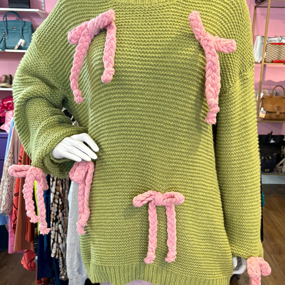 Listicle Green and Pink Sweater with Bow Detailing Size: M