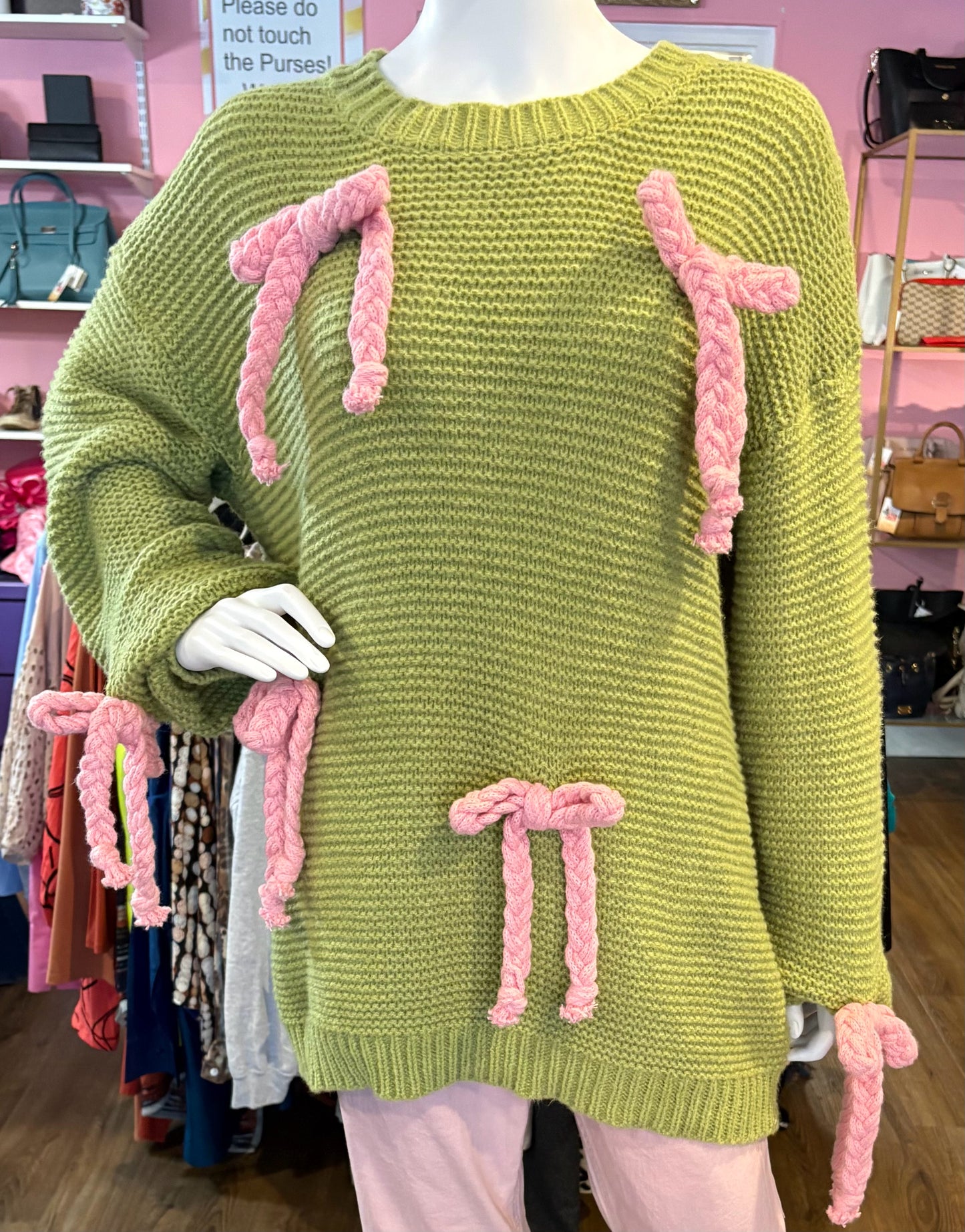Listicle Green and Pink Sweater with Bow Detailing Size: M