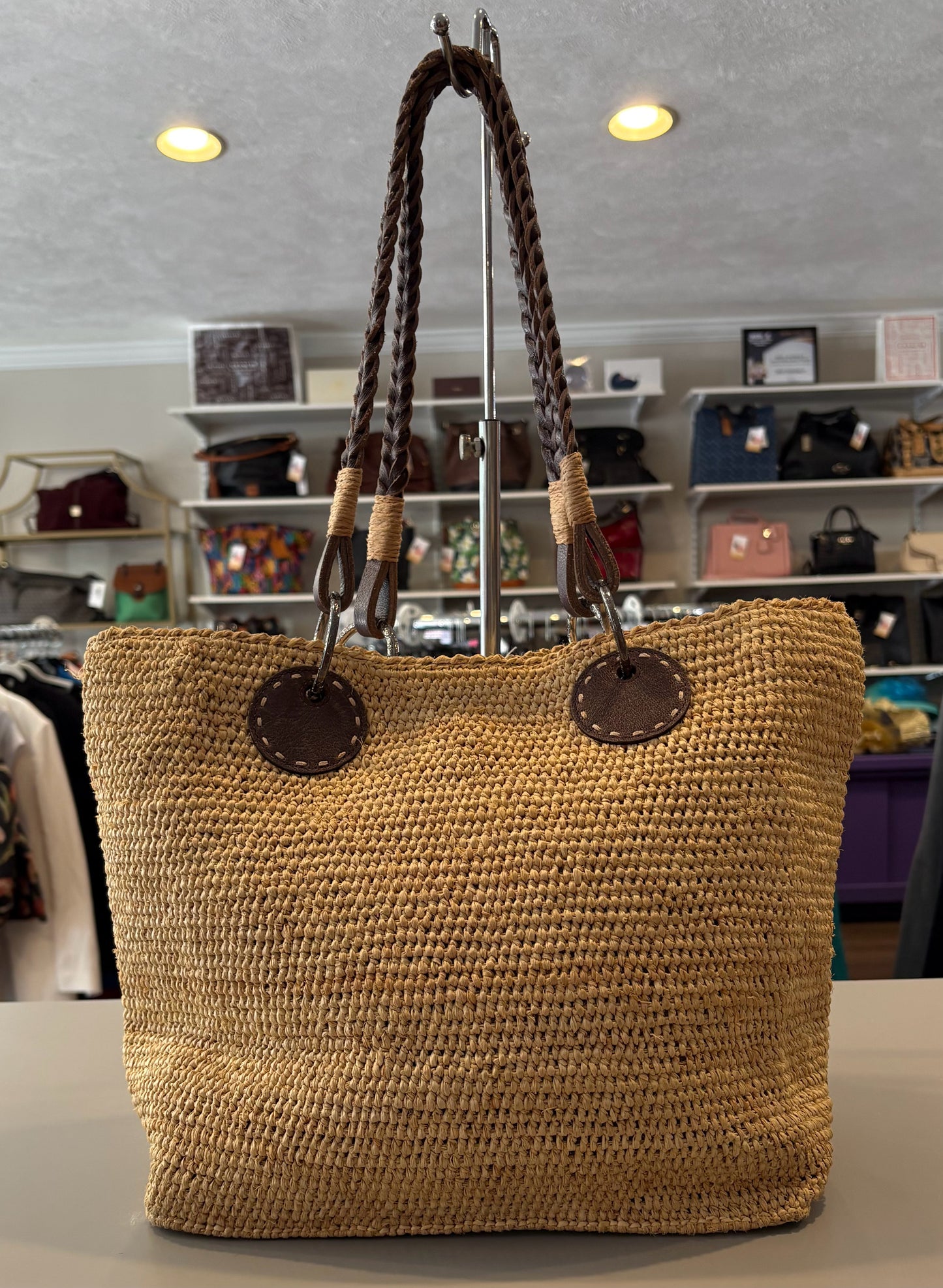 RARE Brighton Tan Straw Tote with Leather Handles