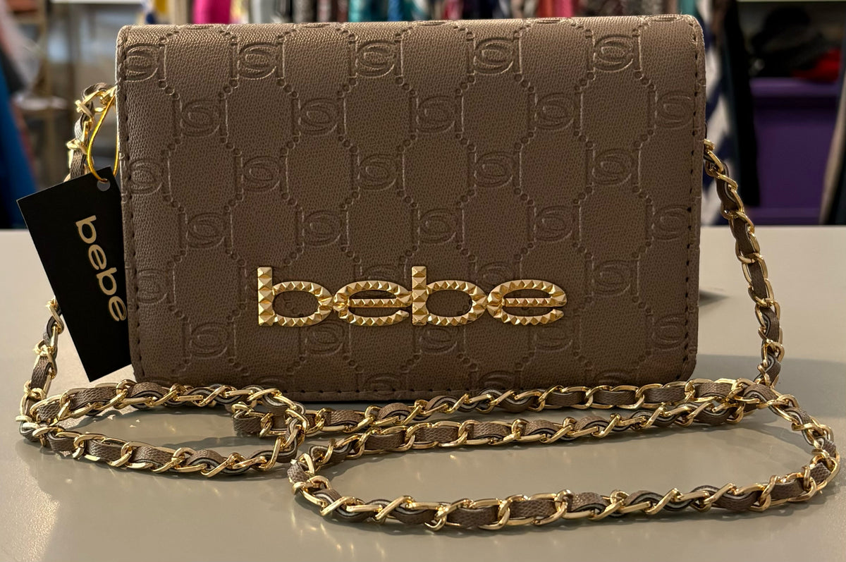 NWT Bebe Taupe Celia Mongram Flap Crossbody