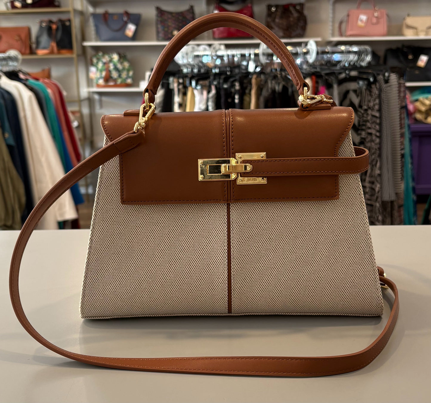 JW PEI Elise Brown Canvas Large Top Handle Bag