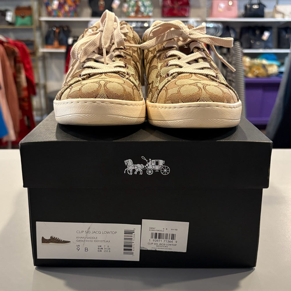 NWB RARE Coach Clip Signature Jacquard Lowtop Sneakers in Khaki & Saddle Sz:9B