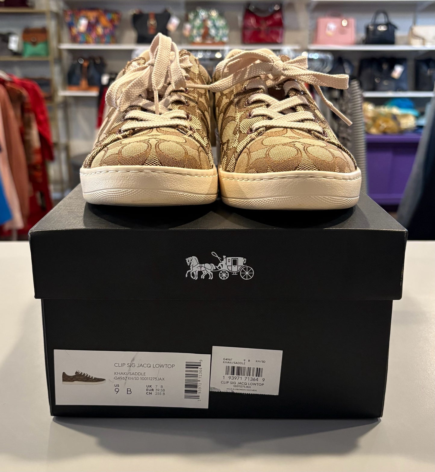 NWB RARE Coach Clip Signature Jacquard Lowtop Sneakers in Khaki & Saddle Sz:9B