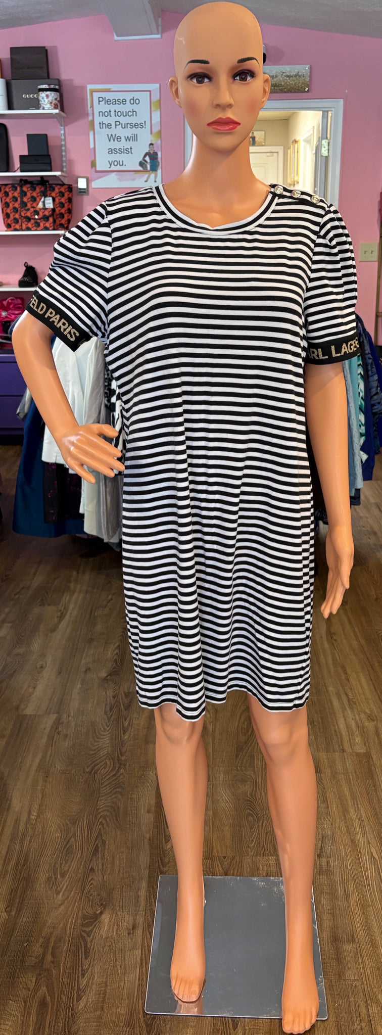 Karl Lagerfeld Paris Striped Logo Tape Puff Sleeve T-Shirt Dress Size: XL