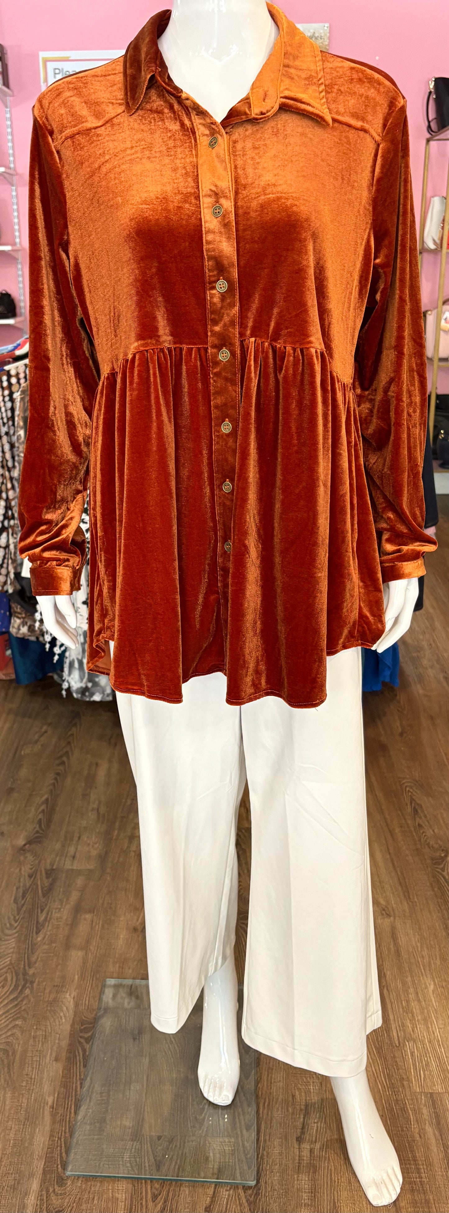 NWT Umgee Dark Orange Velvet Button Up Top Size: L
