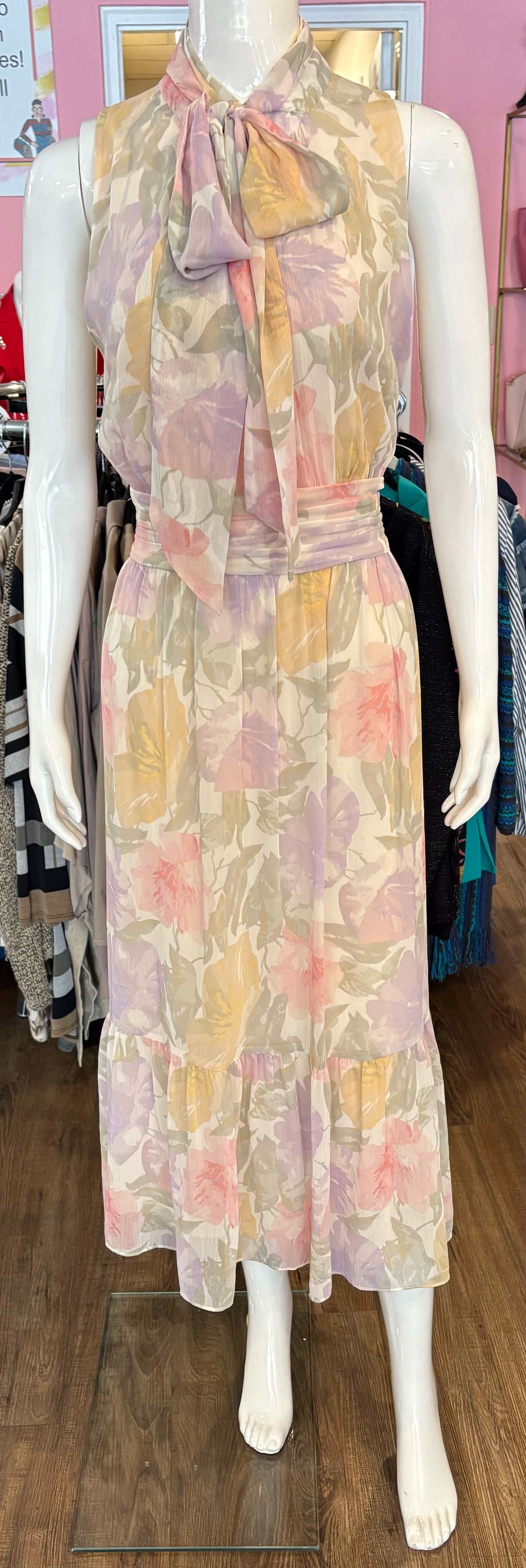 NWOT Lauren Ralph Lauren Crinkle Georgette Tie Neck Sleeveless Dress Sz:10